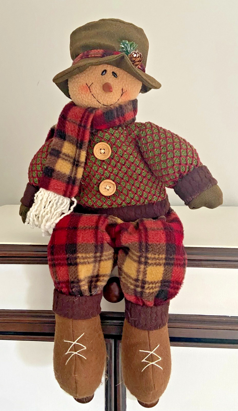 Rustic Brown, Red & Green Flannel Fabric Snowman Shelf Sitter, 19"H